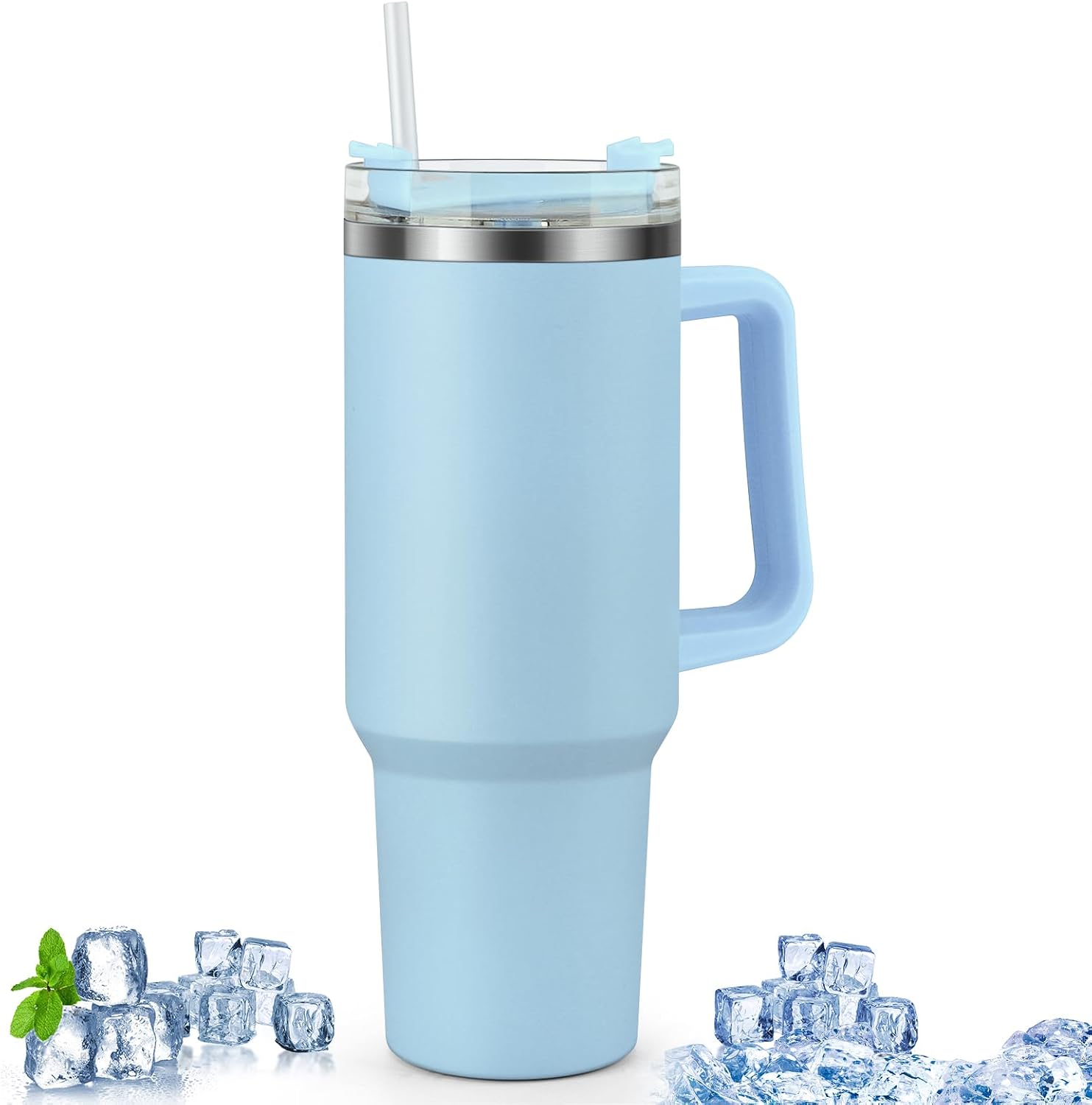 Mug isotherme — avec poignée, avec paille, double paroi, en acier inoxydable, 1200ml