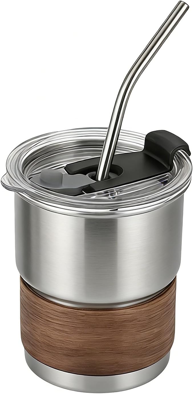 Mug isotherme — avec paille, en bois, en acier inoxydable, 300ml