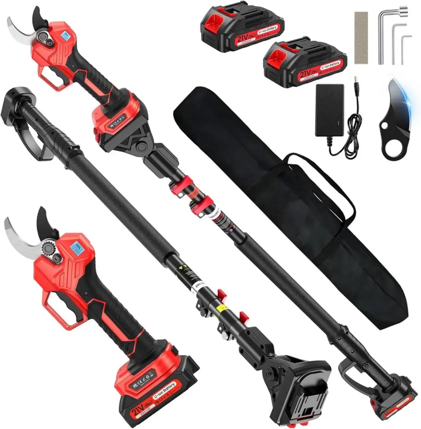 Sécateur Électrique Télescopique Sans Fil 50MM, 2x 2000 mAh, 2-en-1, pour Jardinage et Arbres Fruitiers